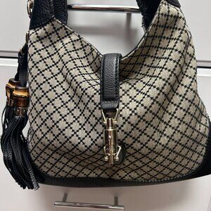 Gucci Diamante Jackie Bamboo Fringe Bag Canvas 2 way Black Silver accessories
